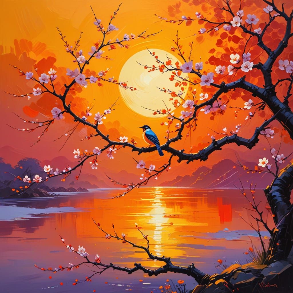 Abstract Blossom Tree Sunset with Bird in Japanese Style