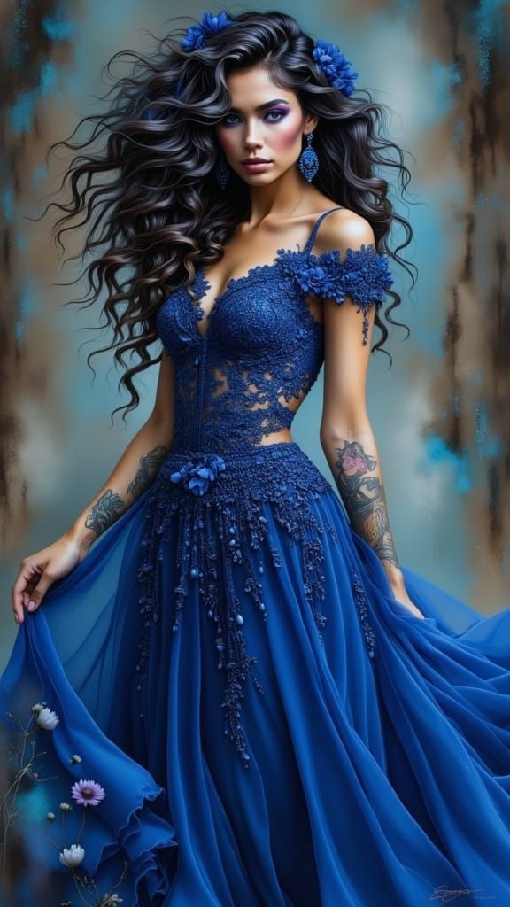 Nancy in a Royal Blue Evening Gown with Fantasy Tattoos and....