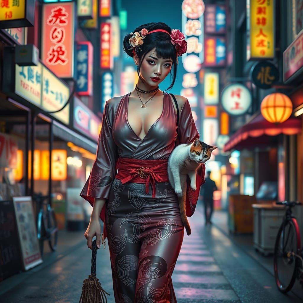 Cyberpunk Geisha and Cat in Neon Tokyo Night