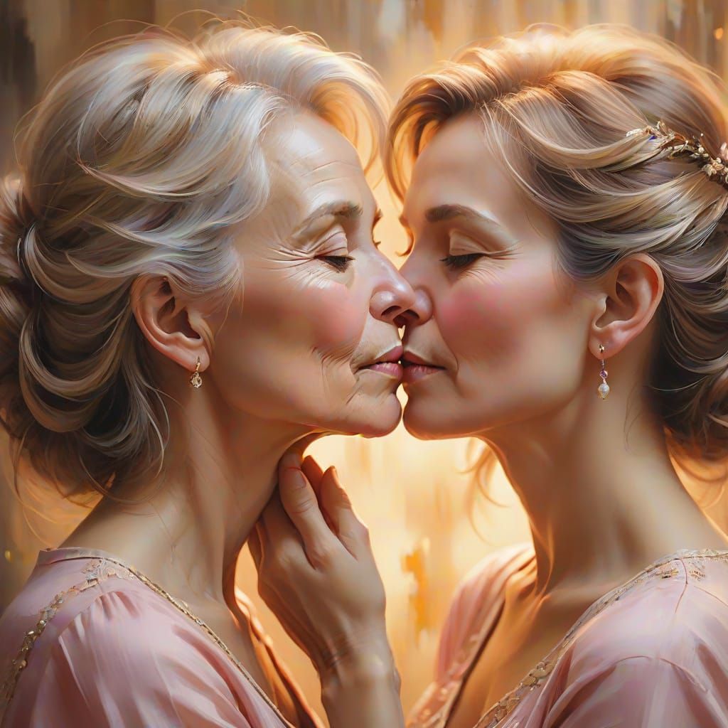 Elegant Oil Painting of Two Women Sharing a Tender Kiss
