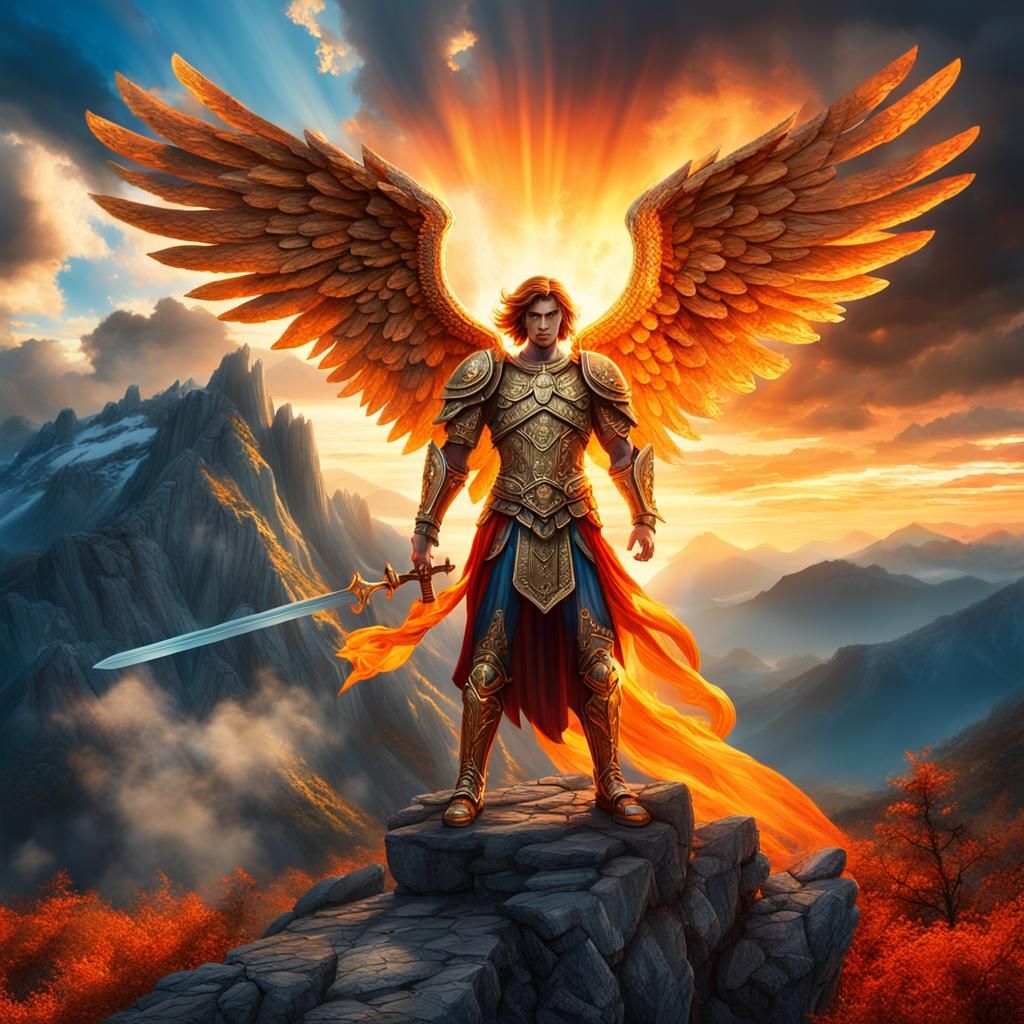 Angel with Fiery Sword in Ethereal Landscape