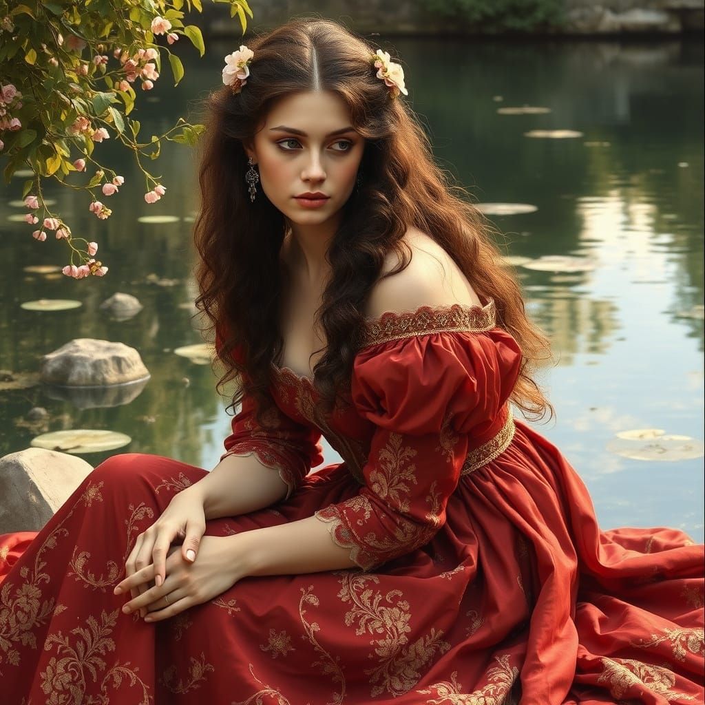 Enchanting Lady by Serene Pond in Renaissance-Inspired Style