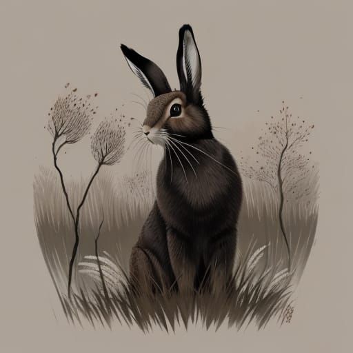 Hare in Forest: Japanese Ink Painting