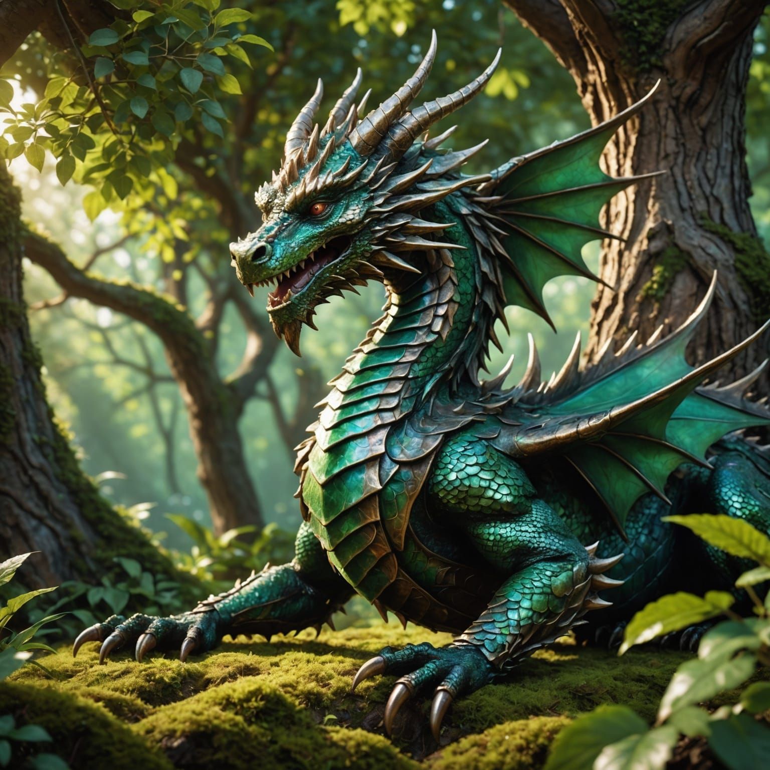 Bronze Dragon Resting in Emerald Forest: Fantasy Art