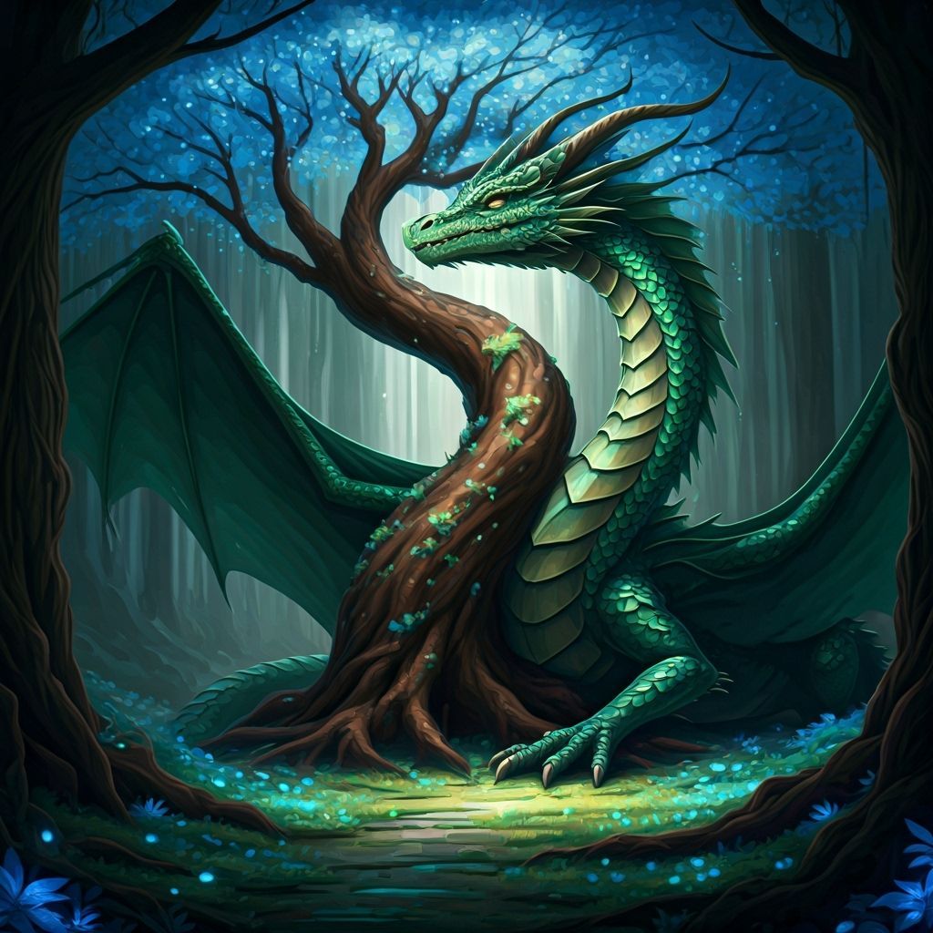 Emerald Dragon Guards Glowing Cherry Tree in Mystical Glade