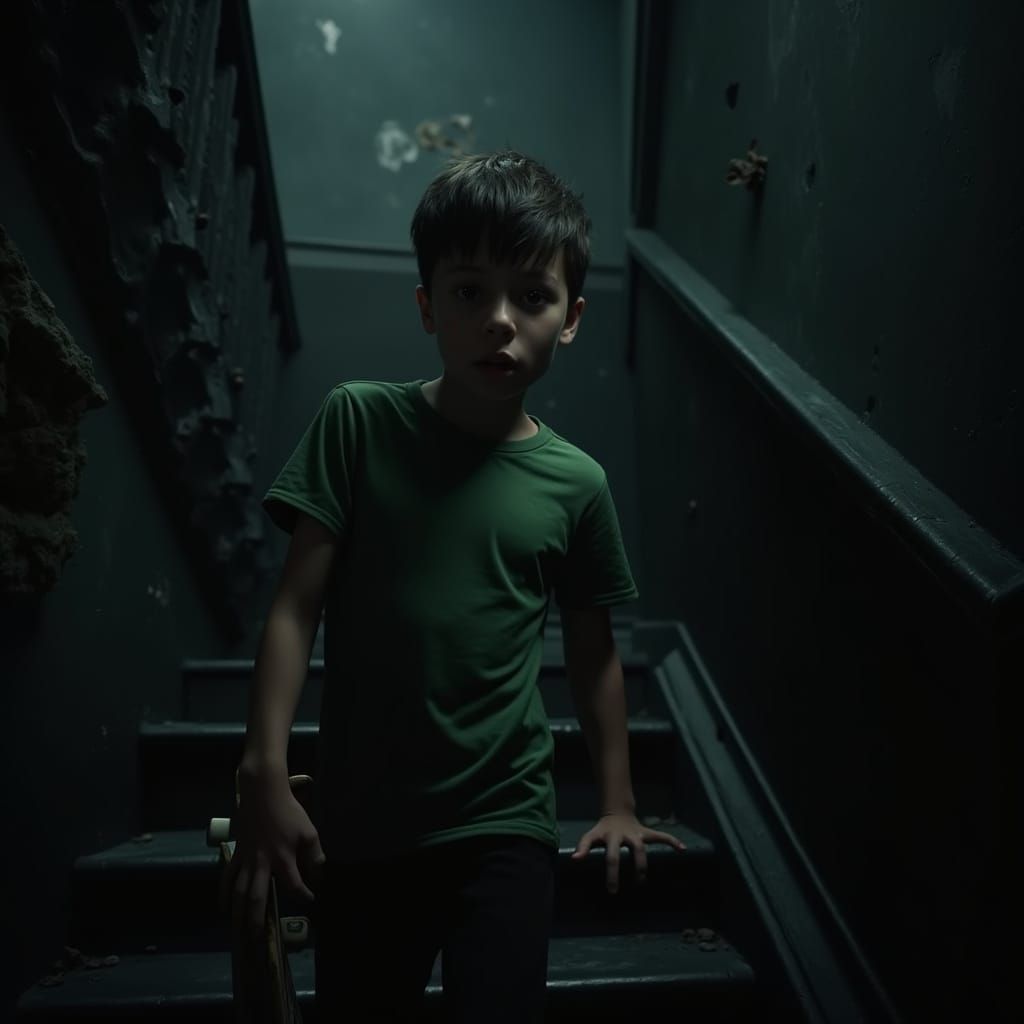 Boy Descends Staircase in Abandoned Mansion