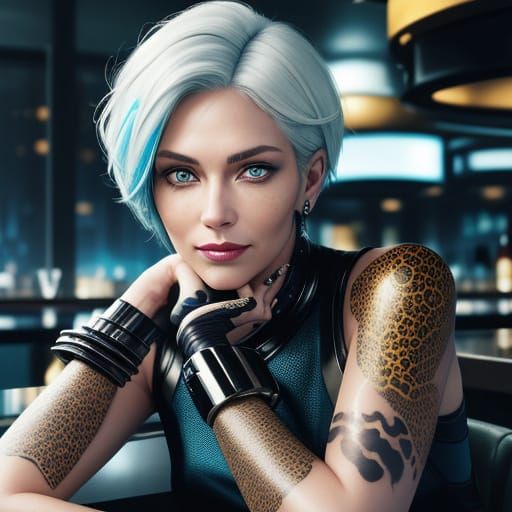 Sci-Fi Woman with Leopard Tattoo in Futuristic Bar