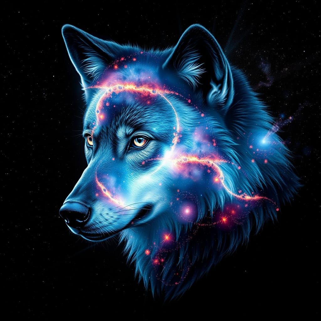 Wolf Amidst Swirling Nebula in Cosmic Hyperrealism