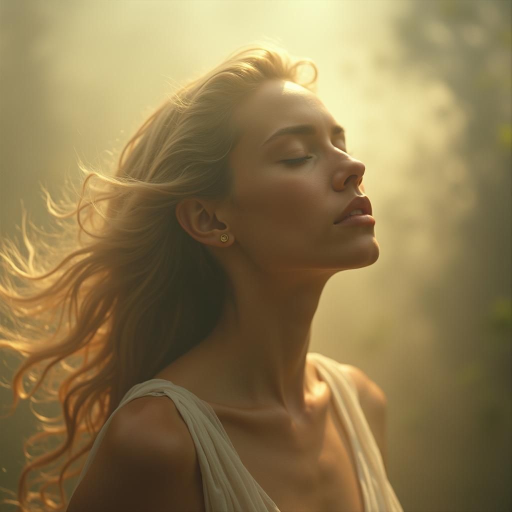Ethereal Woman Inhaling Peacefully in Soft Light