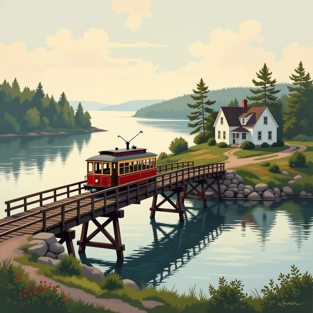 Nostalgic Maine River Scene with Vintage Trolley