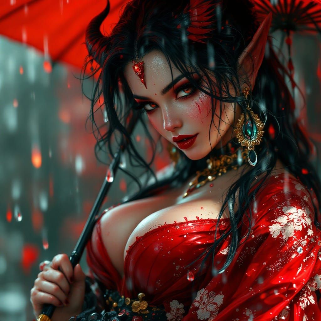 Charming Demon Hiding from Rain: Hyperrealistic Splash Art