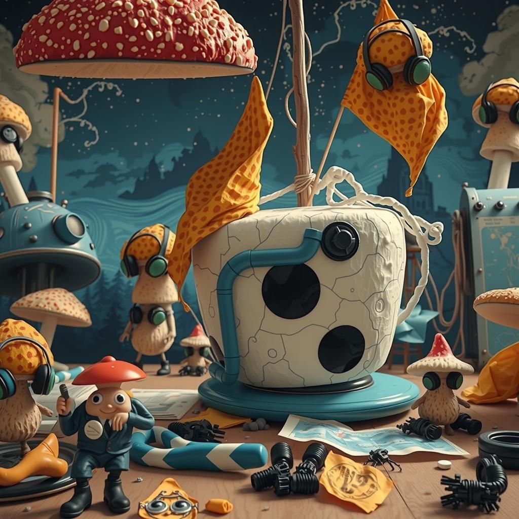Whimsical Mushroom Bureaucrats in a Dreamlike Landscape
