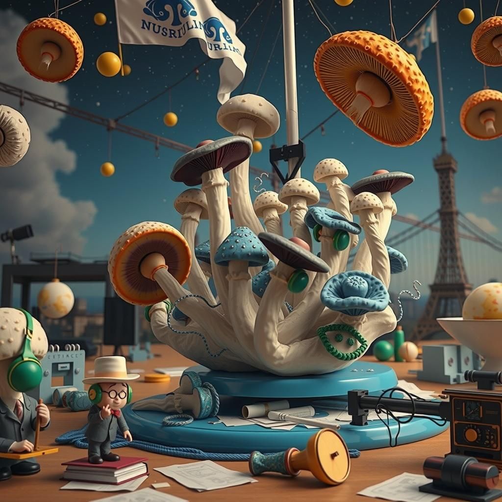 Blue and White Mushroom Fantasy: A Whimsical Linocut Scene