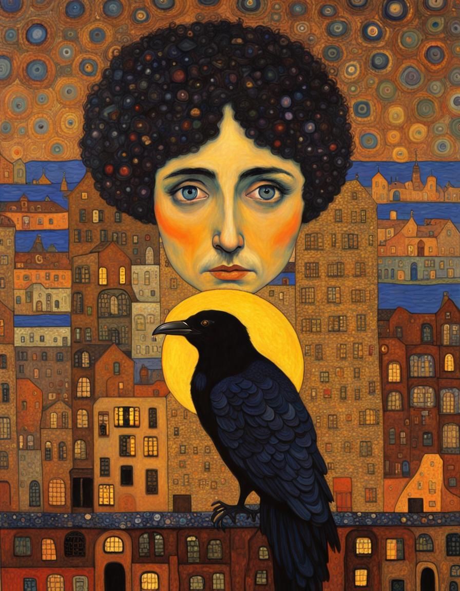 Raven Perched on Bust, Oil Painting