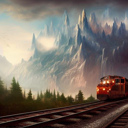 Train Through Mountain as Detailed Matte Painting