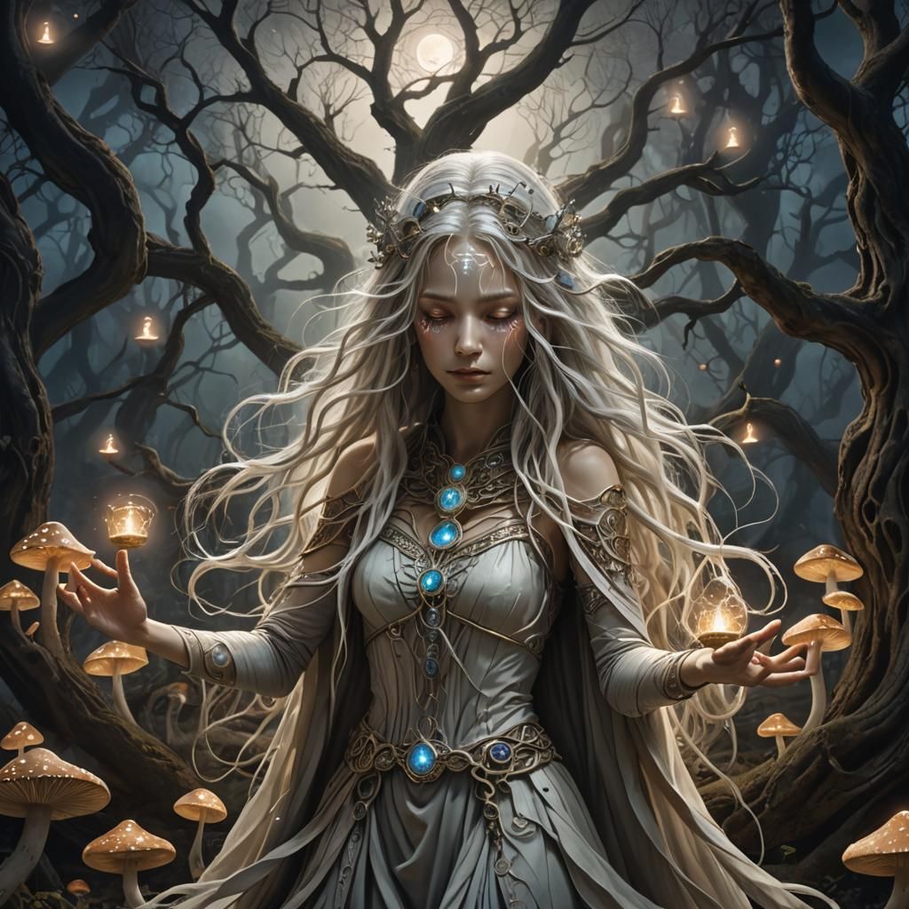 Mystical Figure Amidst Ancient Spells, Dreamlike Art