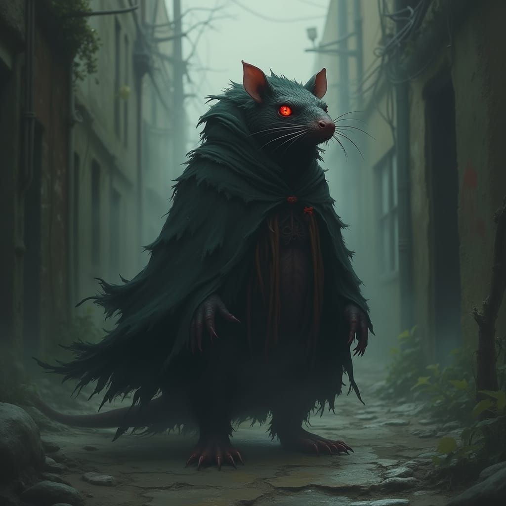 Dark Alley Noir Rodent in Tattered Cloak