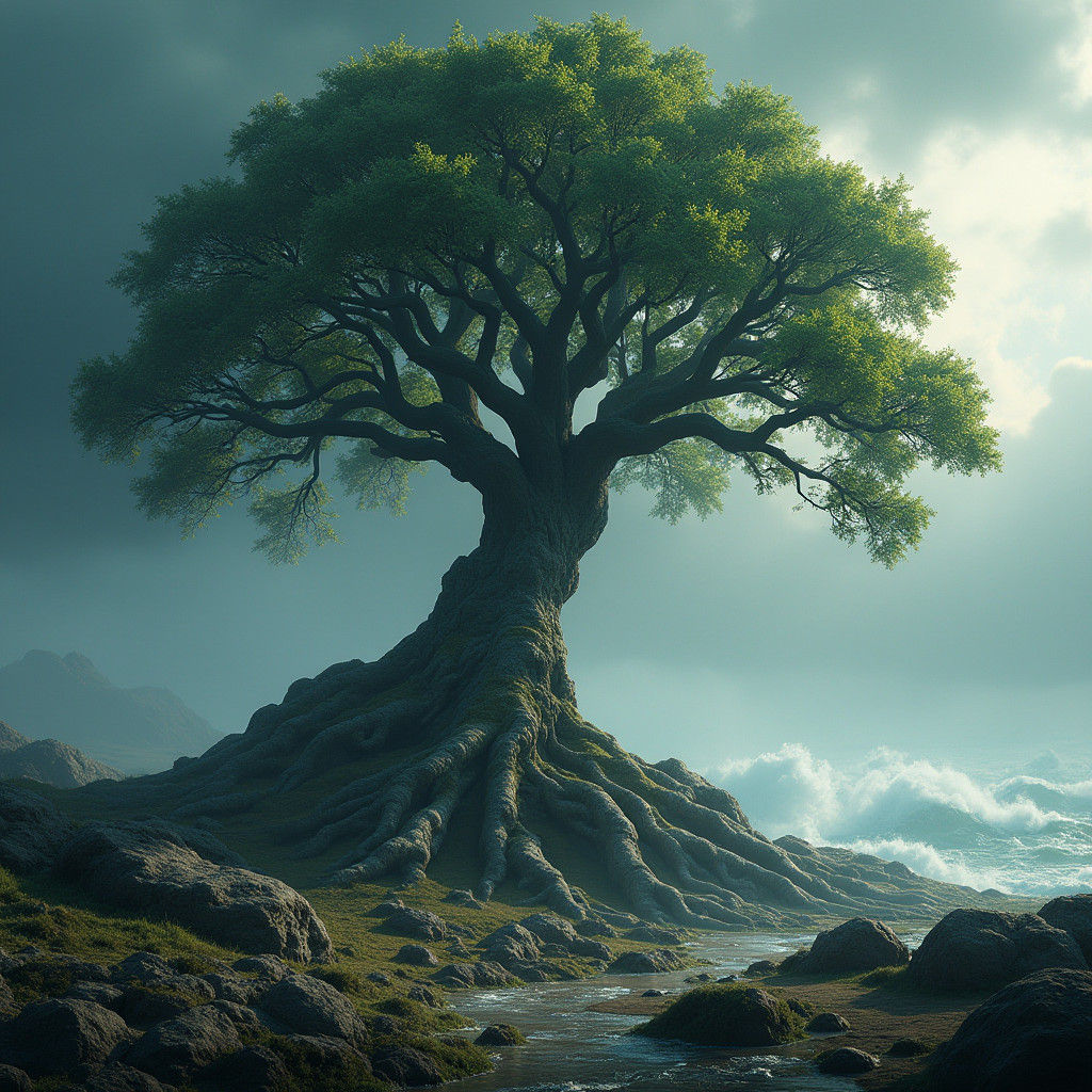 Resilient Tree Defies Storm in Detailed Landscape