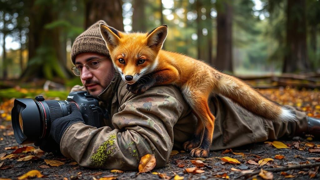 Red Fox Perches on Camouflaged Photographer in Forest