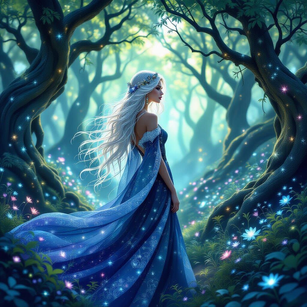 Ethereal Woman in Mystical Forest, Art Nouveau Style