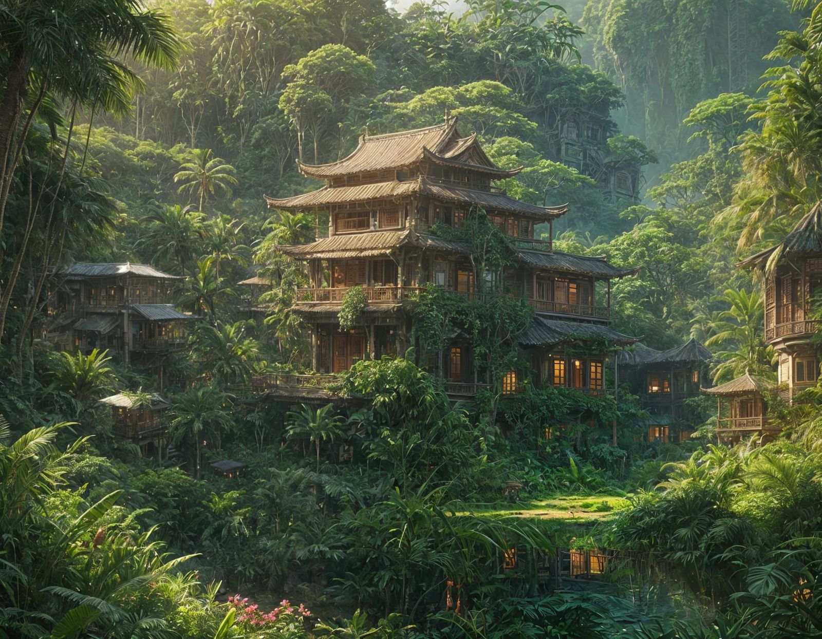 Twilight Solarpunk Village: Art Nouveau Architecture