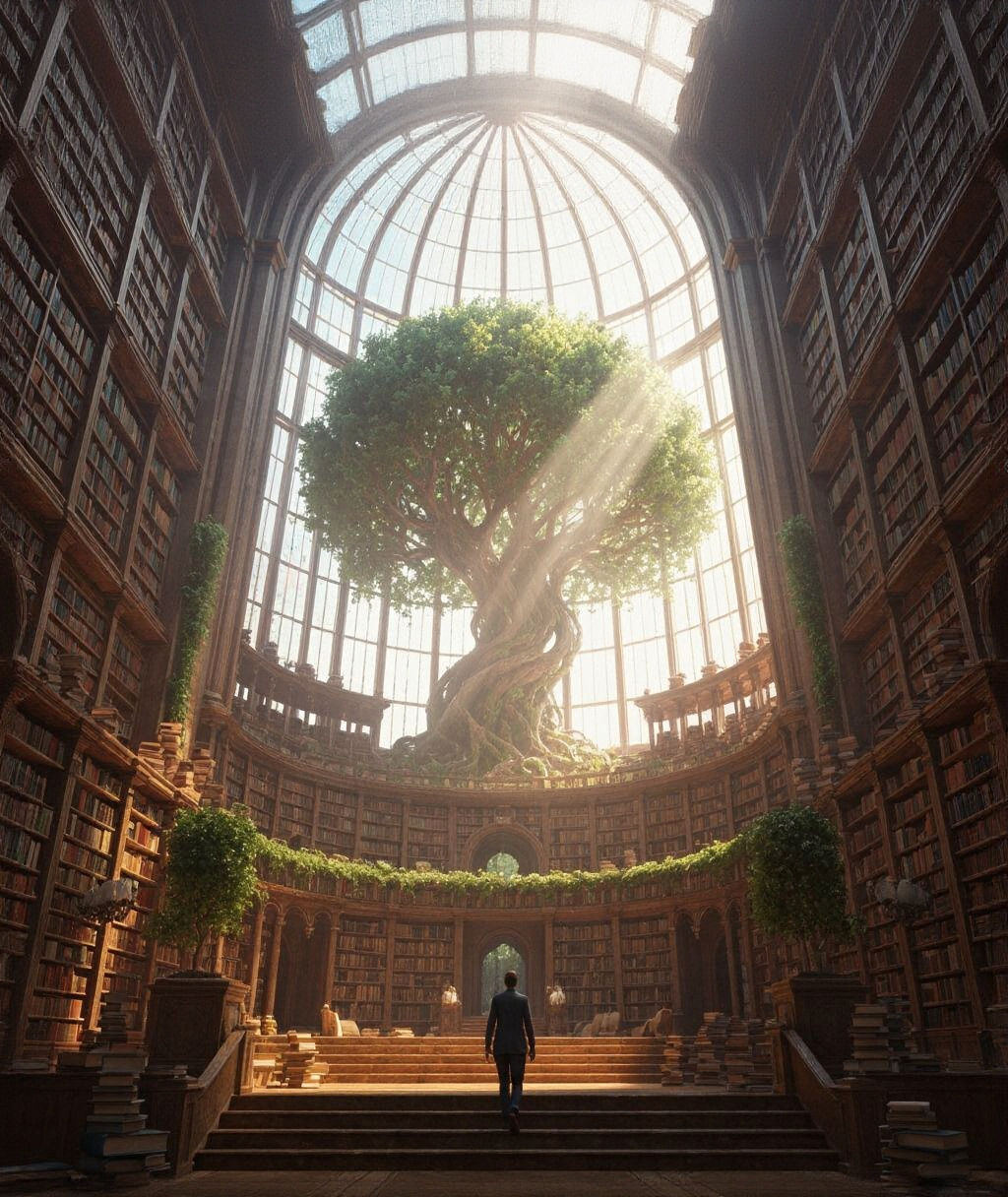 Fantasy Library with Giant Tree, Hyperrealistic Render