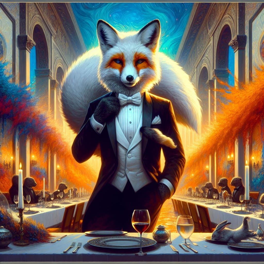 Sophisticated Fox in Tuxedo at Elegant Dinner Party
