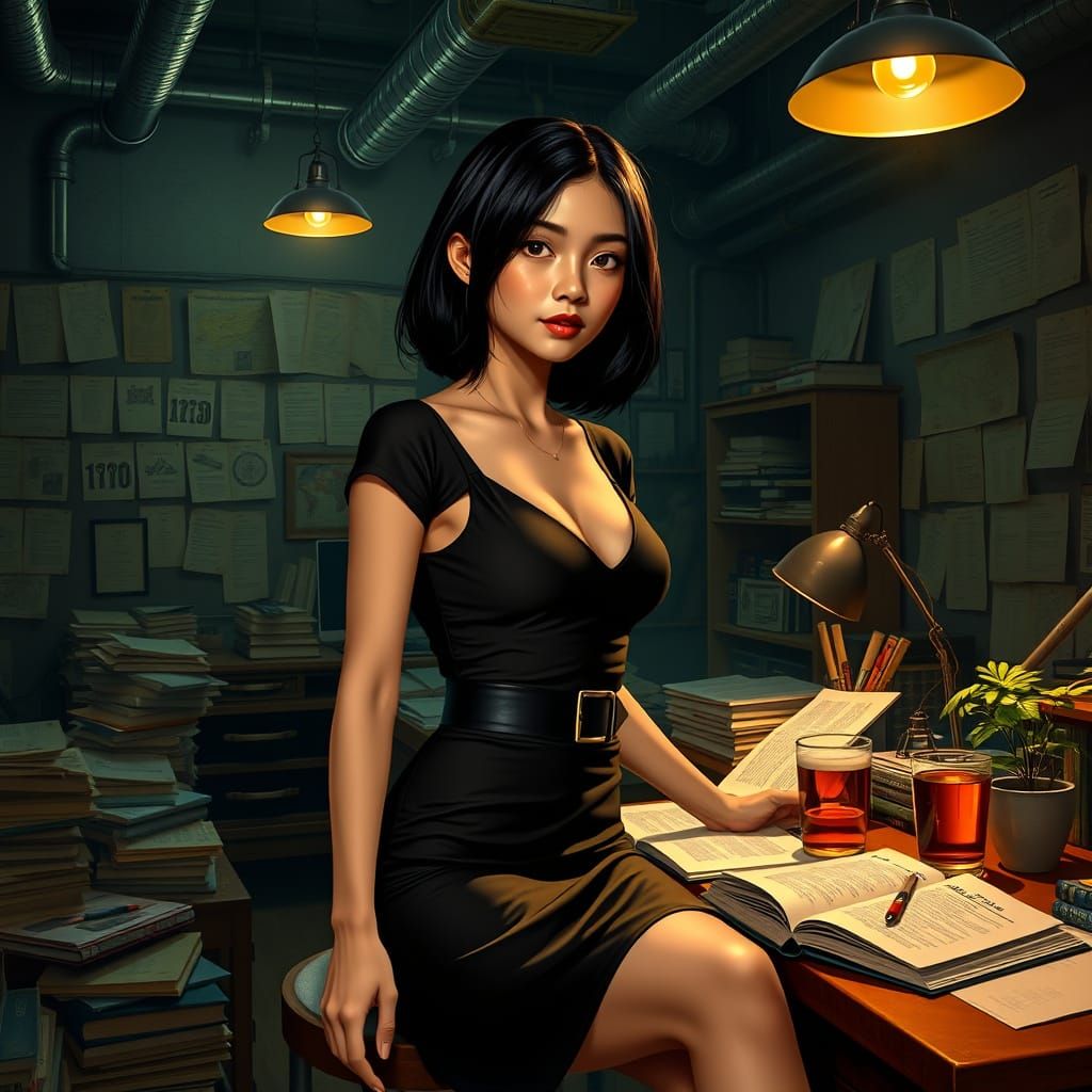 Thai Woman in Black Outfit at Cluttered Desk