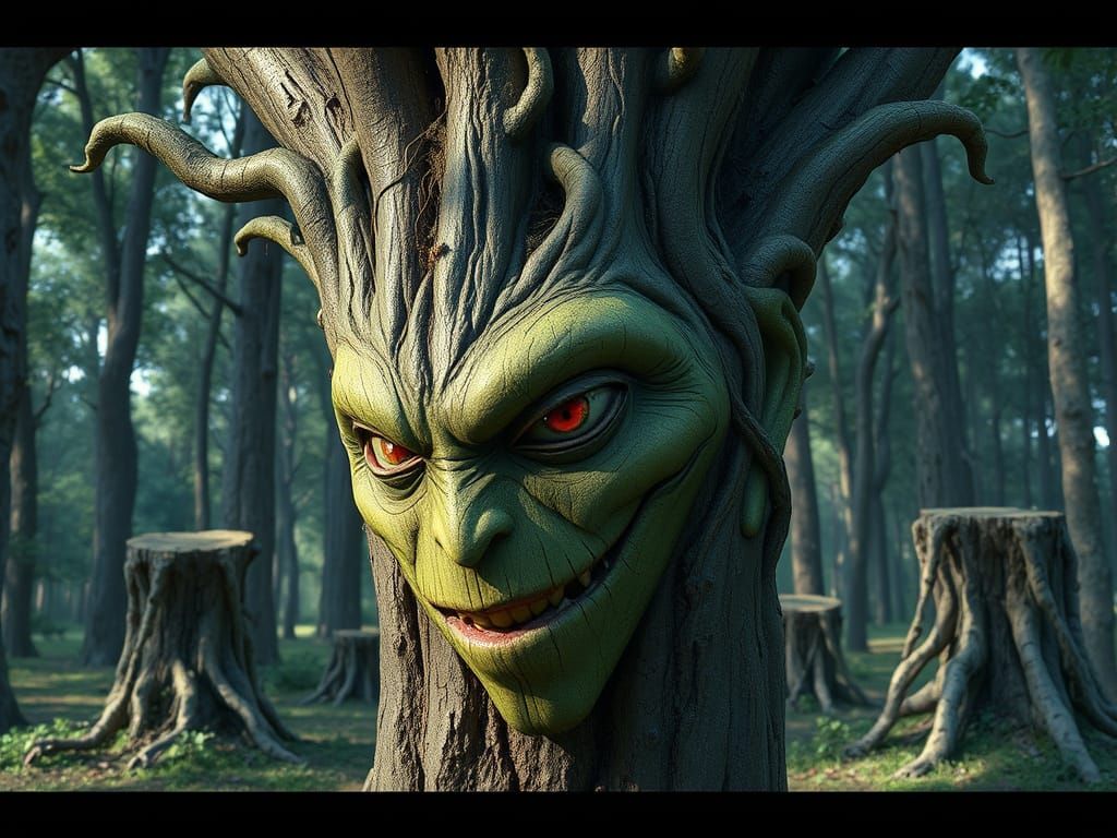 Fantasy Tree Monster with Humanoid Face in Hyper-Realistic W...