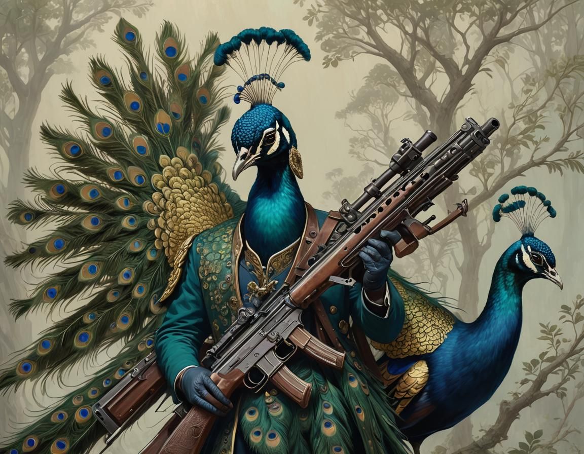 Surreal Peacock Warrior with Assault Rifle