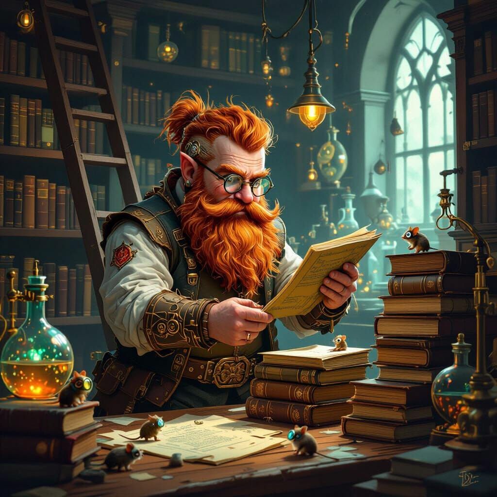 Steampunk Dwarf Arranges Books in Victorian Library Lab