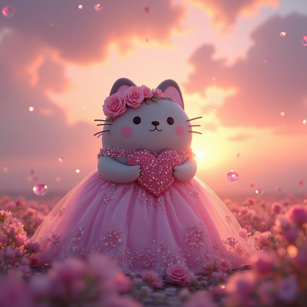 Ethereal Pusheen in Whimsical Valentine's Day Sunset