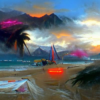 Tropical Beach Sunset: Cyberpunk Oil Painting