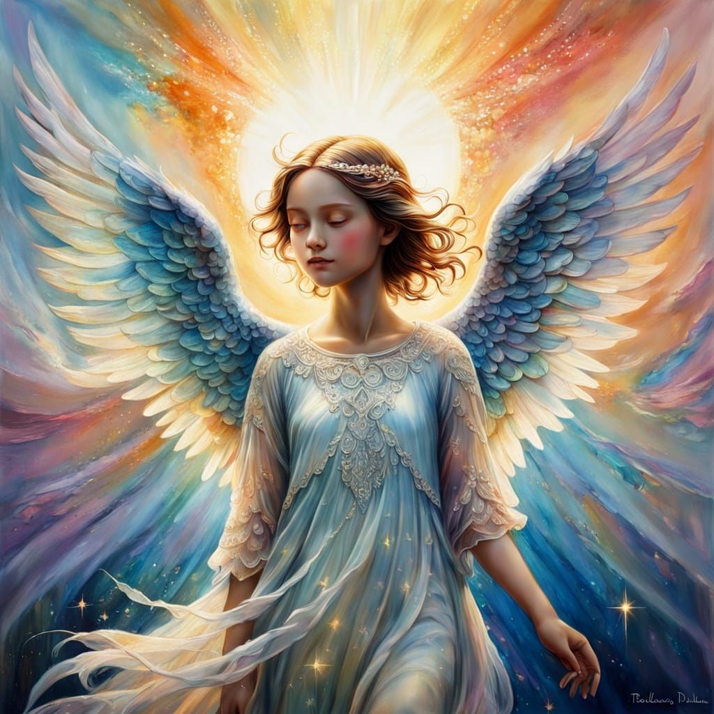Dreamy Angel in Vibrant, Iridescent Encaustic Painting