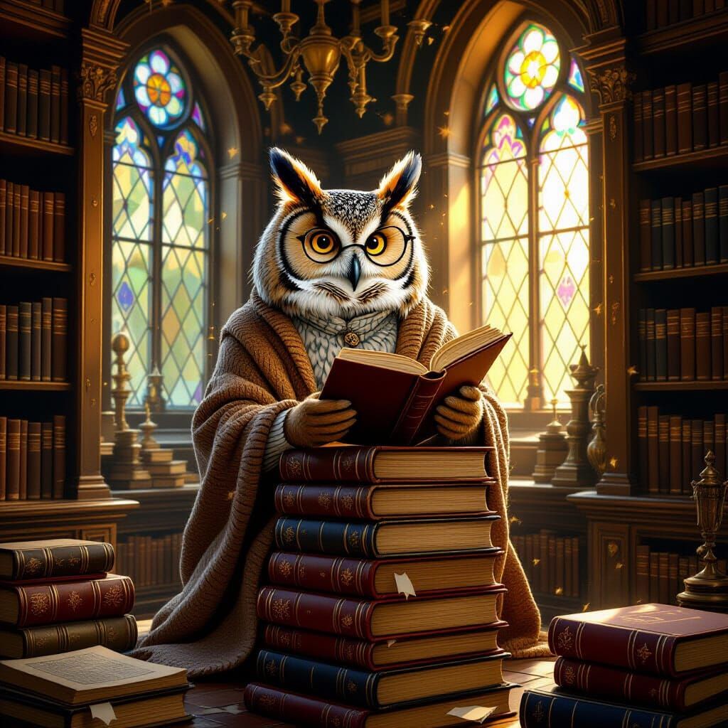 Owl Librarian in Cozy Cardigan Amidst Ancient Tomes