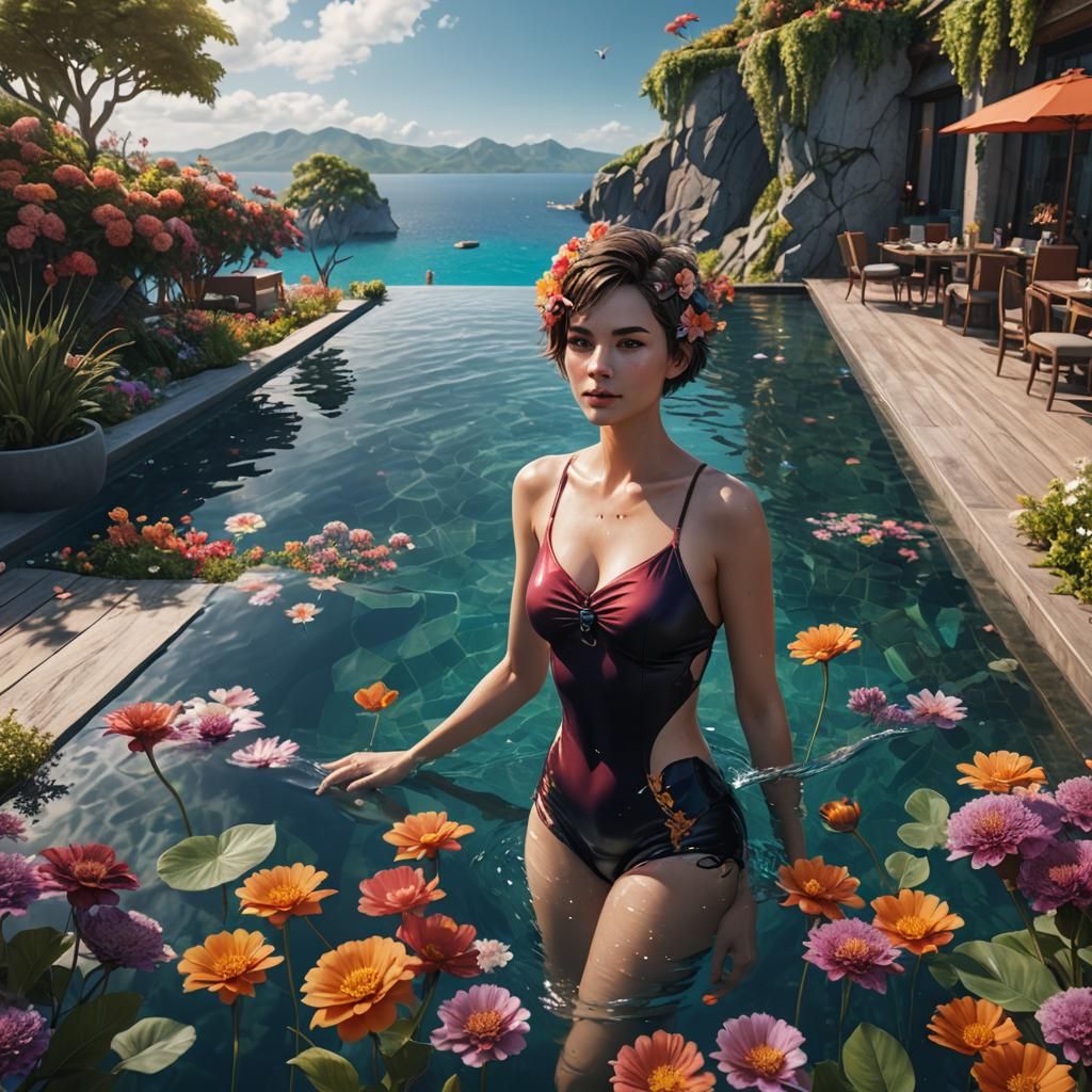 Woman Swimming in Infinity Pool: Fantasy Concept Art