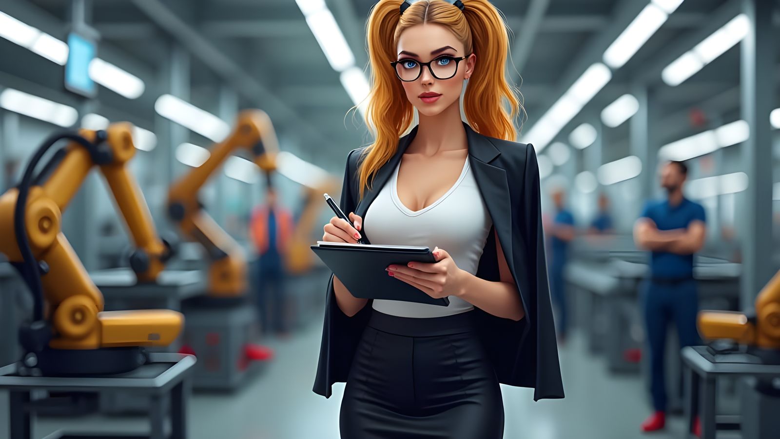 Fitness Woman in Automotive Factory with Vibrant Hair and Co...