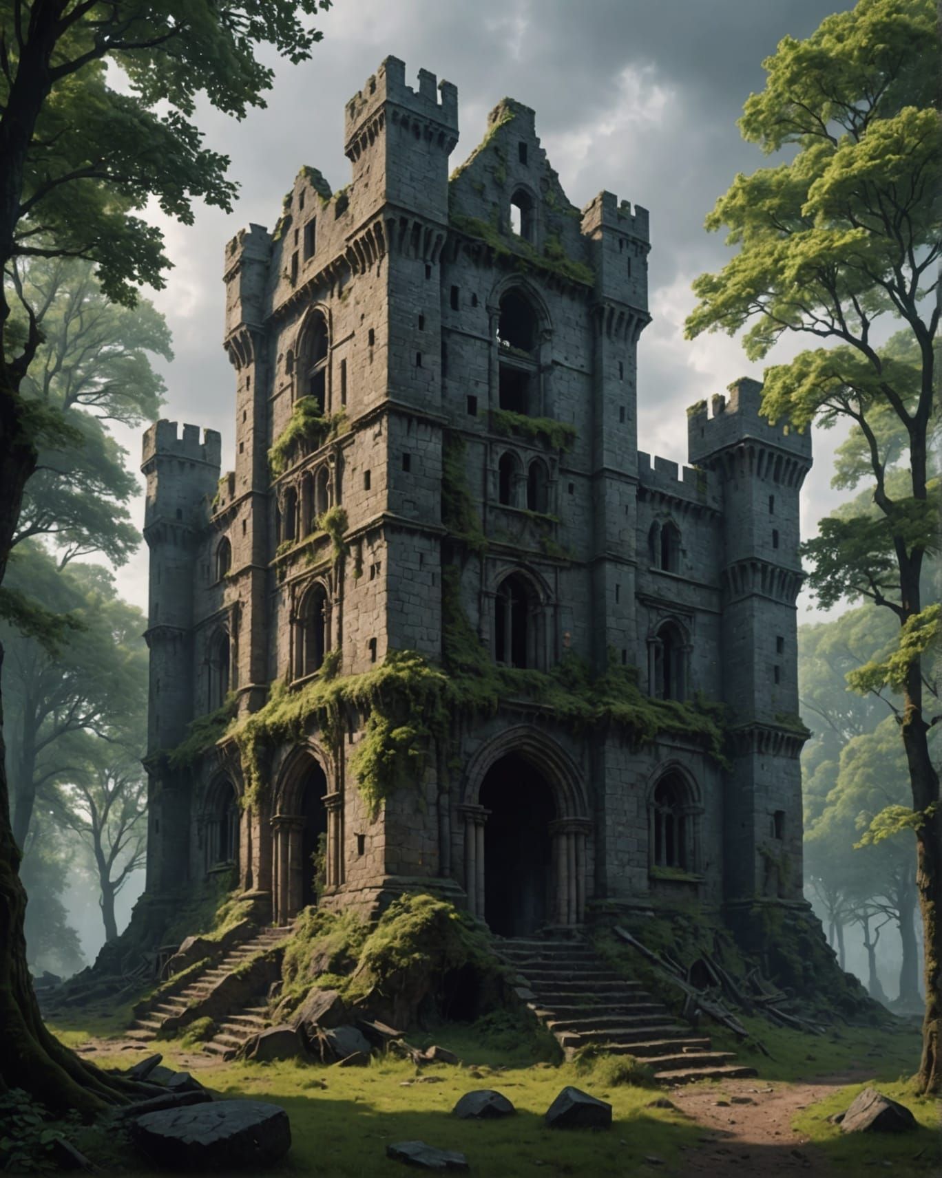 Medieval Castle Ruins in Ancient Gray Forest