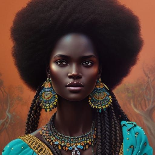 Samburu Girl with Braids: Detailed Gouache and Watercolor