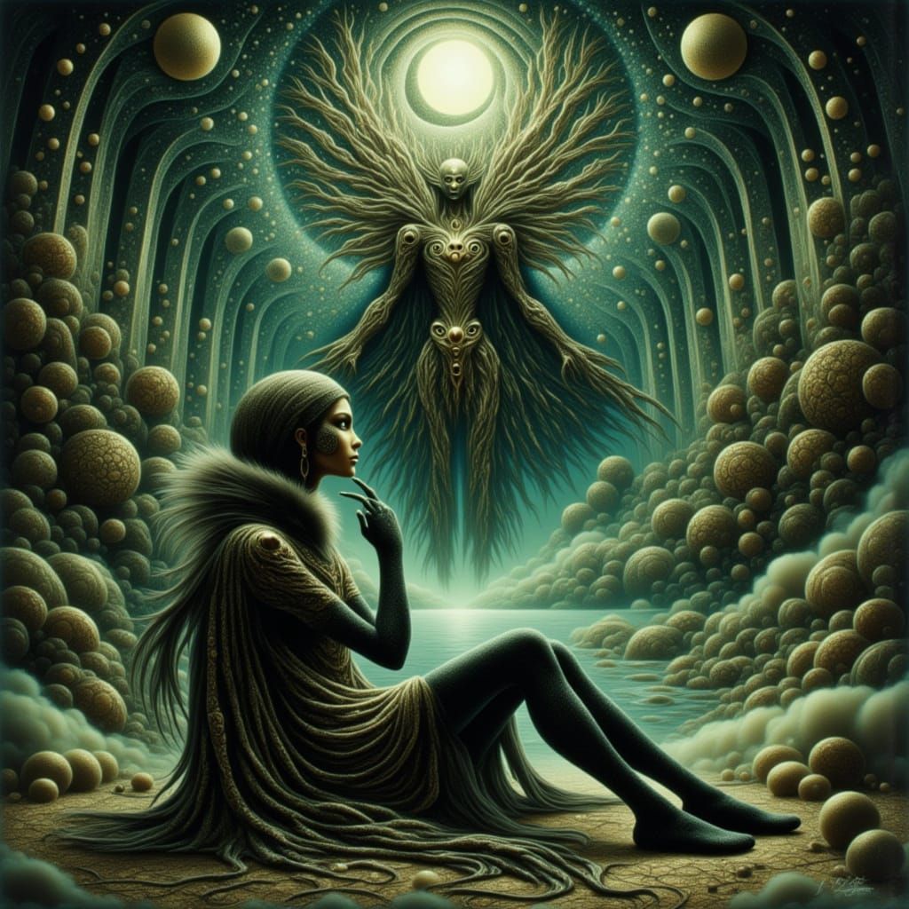 Surreal Dreamscape with Distorted Reflections in Dark Cyberp...