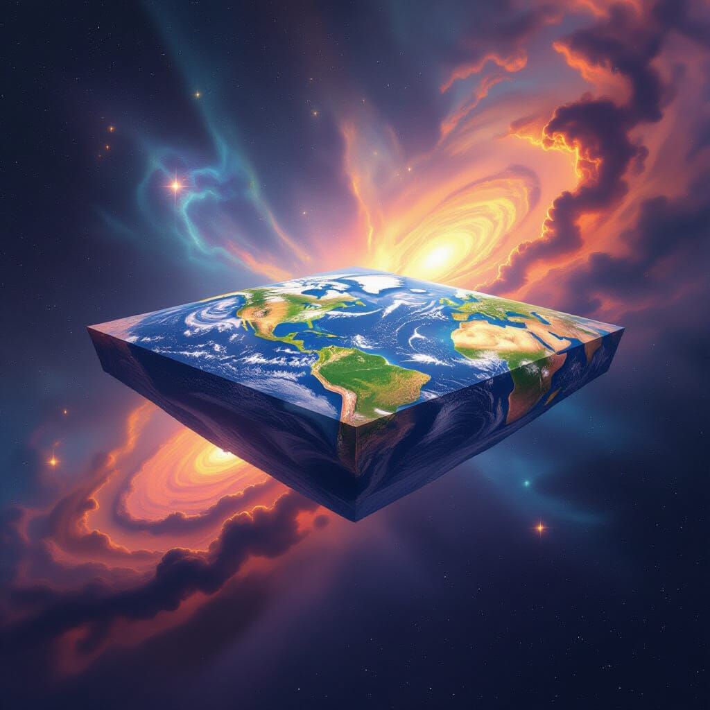 Flat Rectangular Earth in Cosmic Void Surrealist Style