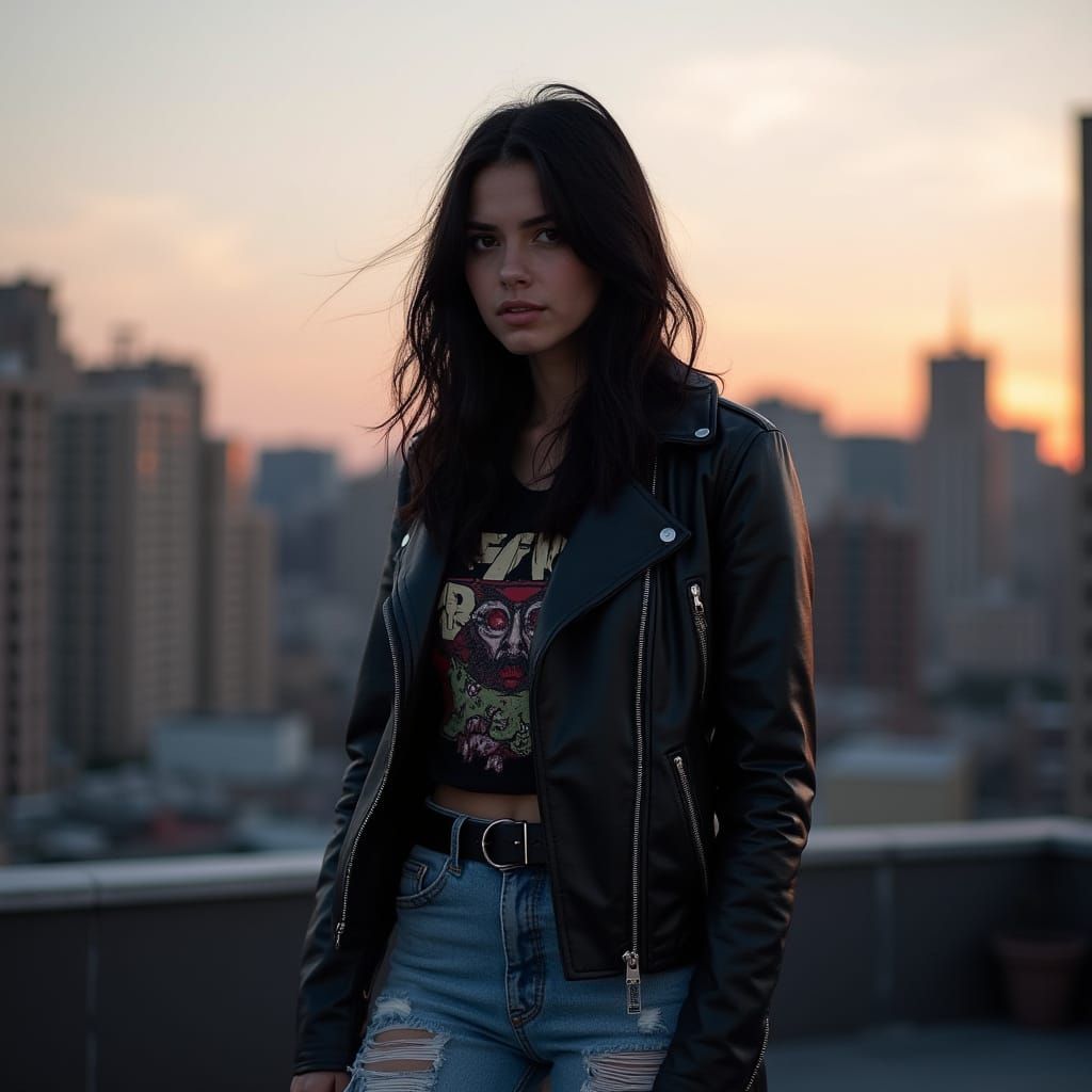 Hyperrealistic Punk Woman on Rooftop at Dusk