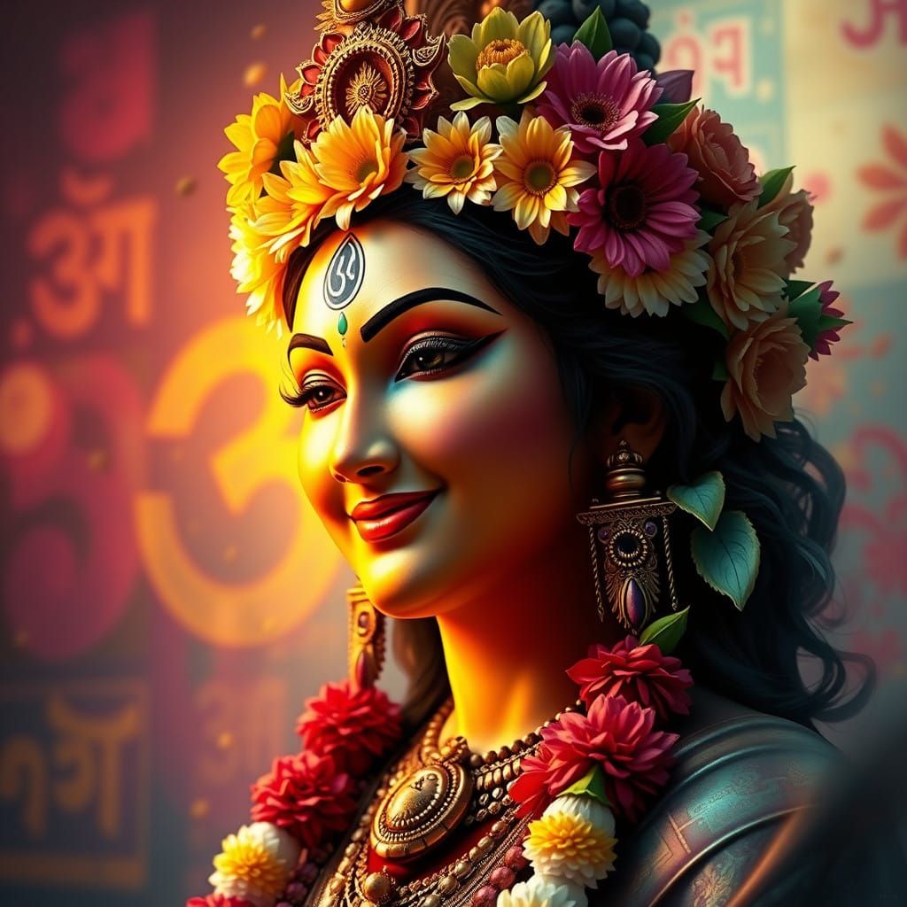 Smiling Hindu Goddess in Vibrant, Hyperrealistic Art