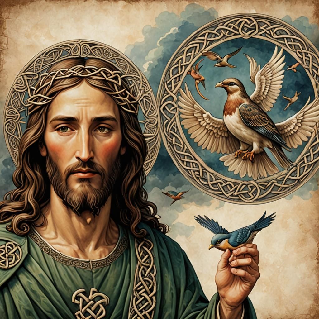 Jesus Christ with Birds and Celtic Knotwork