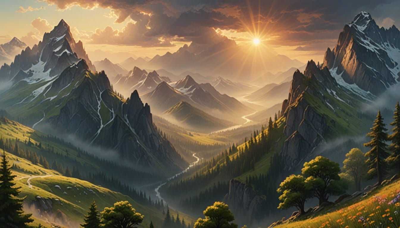 Misty Mountain Valley in Atmospheric Oil Painting Style
