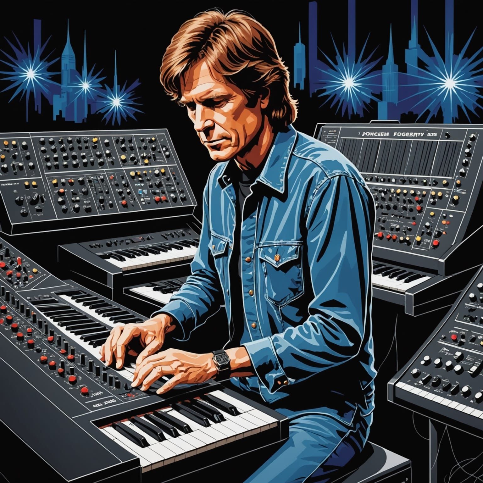 John Fogerty playing an ARP 2600 synthesizer on an elaborate stage