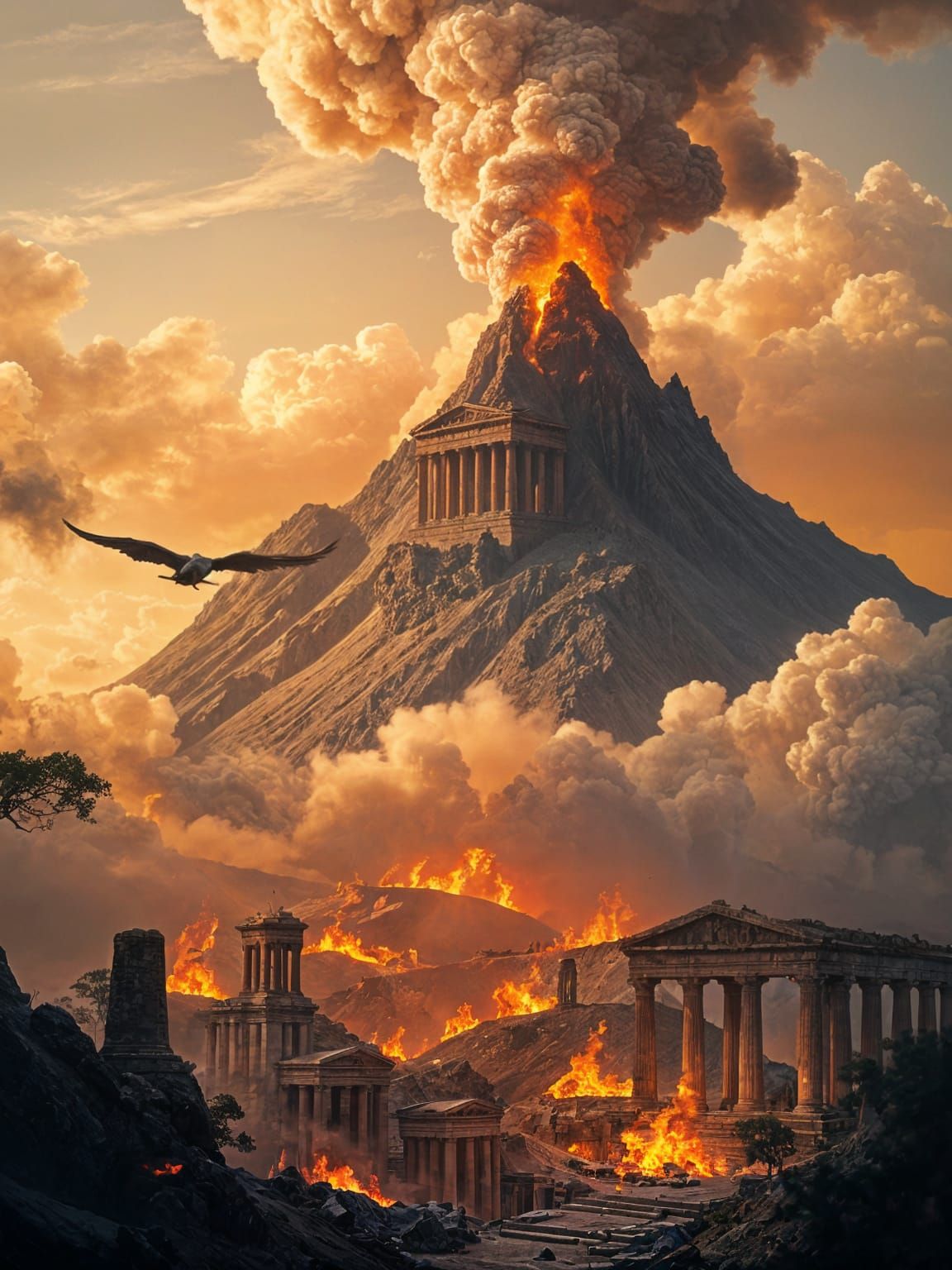 Volcanic Eruption Over Ancient Greco-Roman Ruins