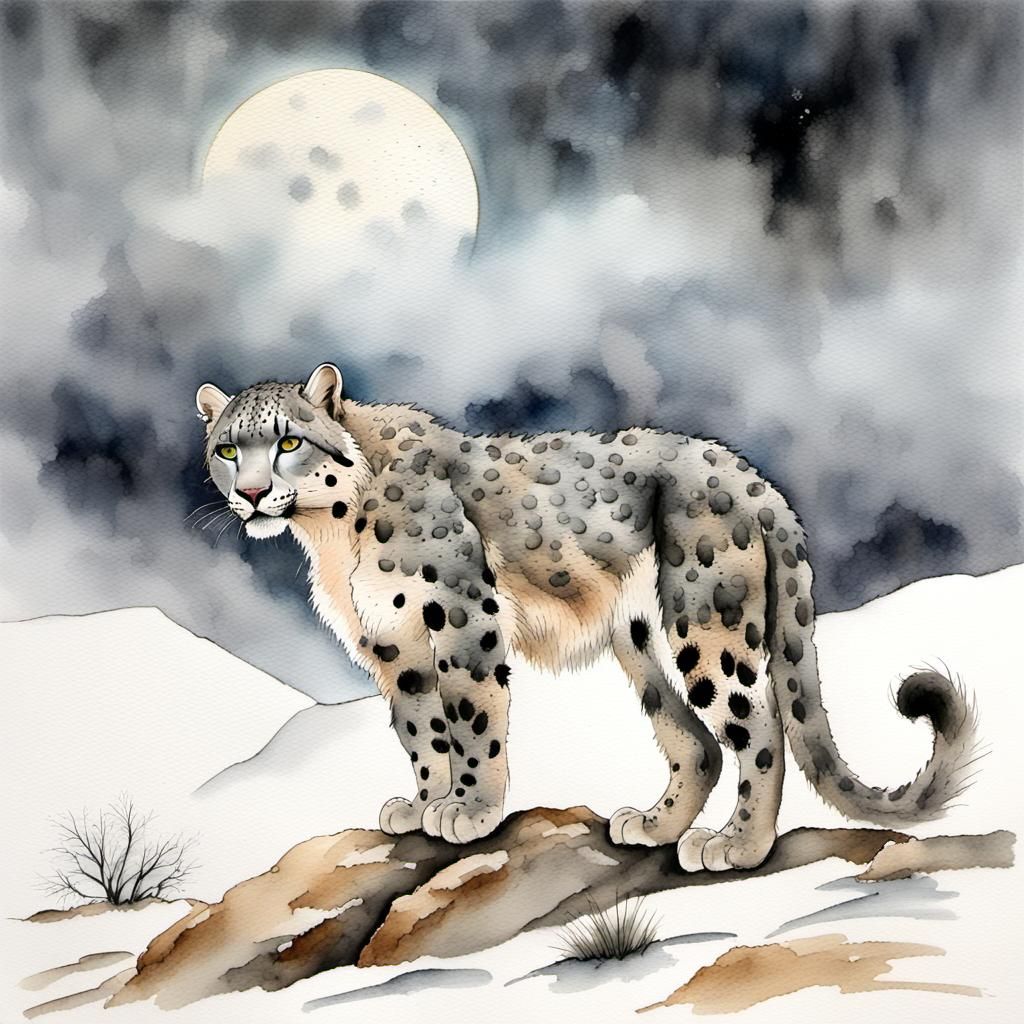 Snow Leopard in Snowy Desertscape Watercolor