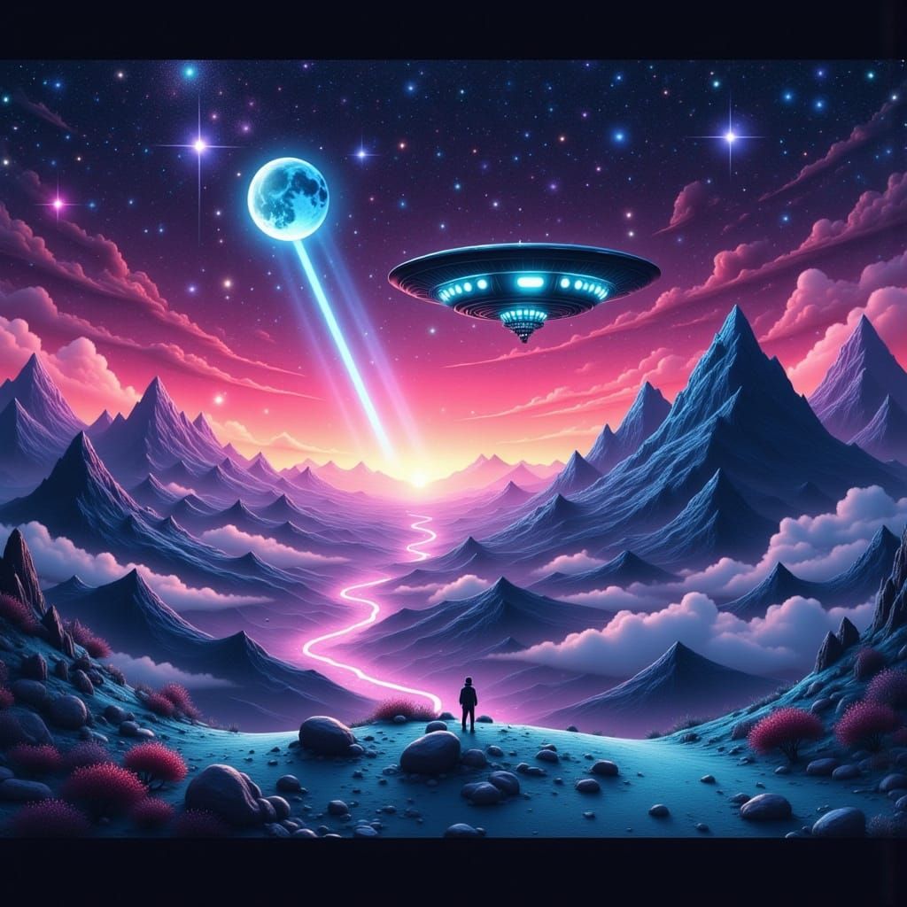 Glowing Spaceship Navigates Ethereal Dreamscape in 3D