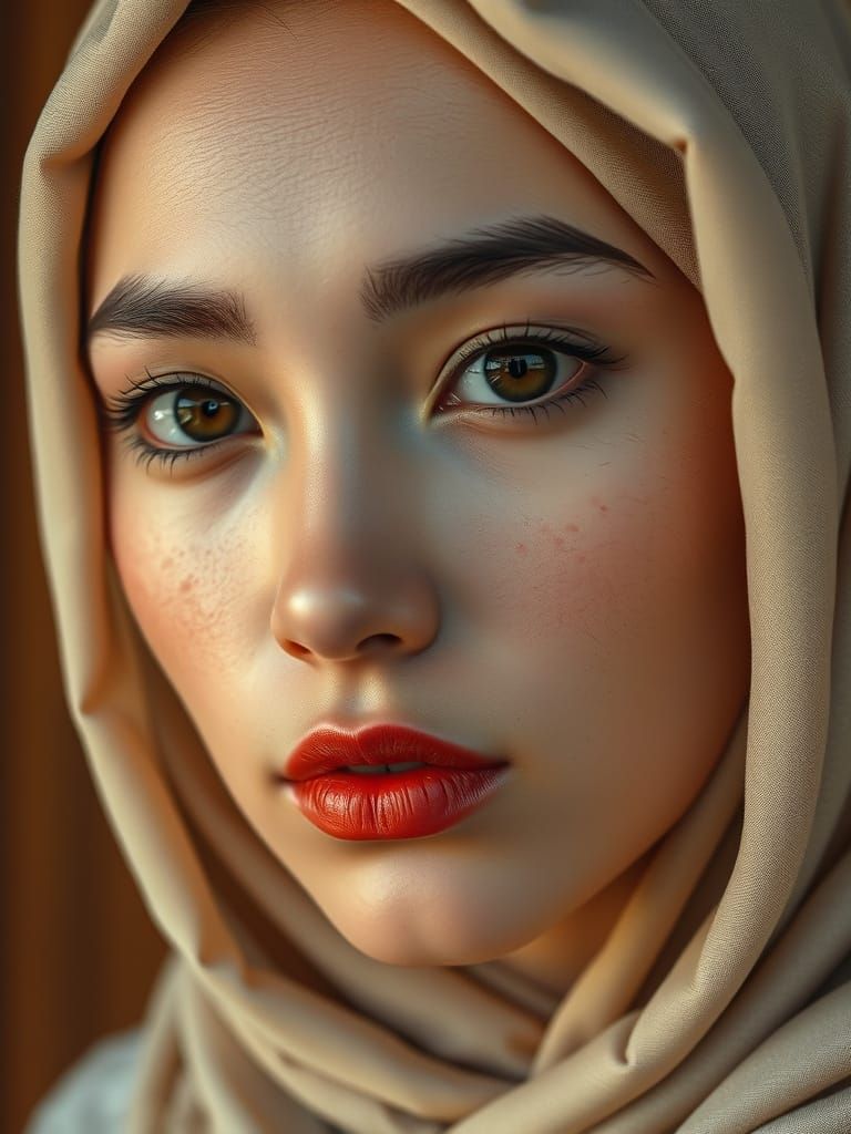 Hyperrealistic Portrait of a Young Woman in a Light Beige Hi...